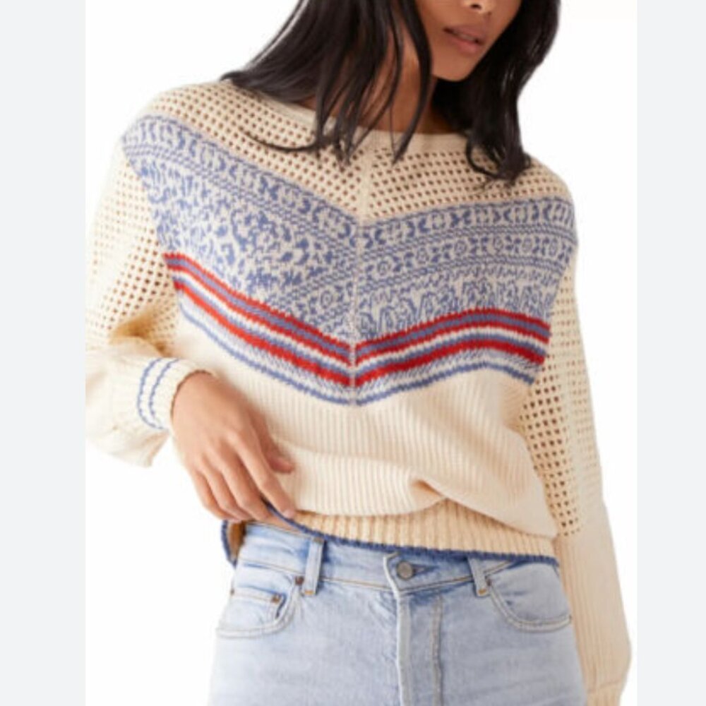 Free People Cream Scoop Neck Sweater with Blue and Red Fair Isle Detail